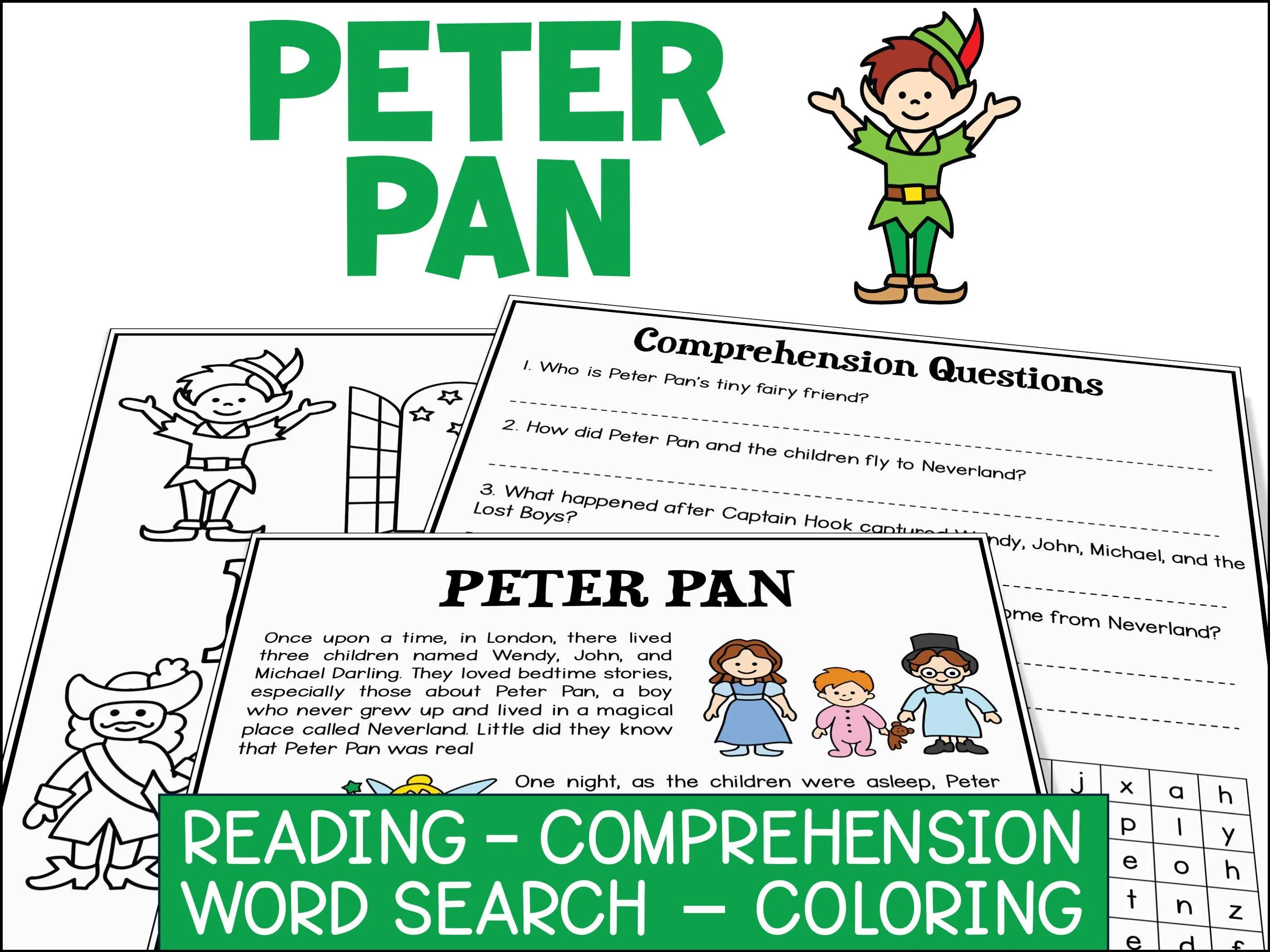 Fourth grade reading comprehension worksheet featuring Peter Pan character study