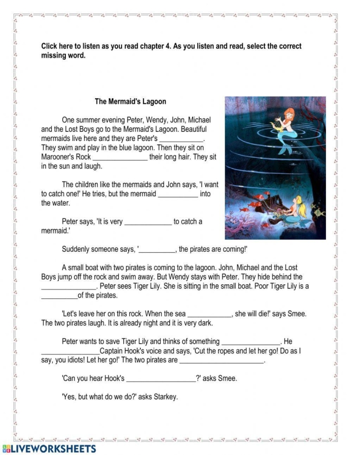 Fourth grade reading comprehension worksheet featuring Peter Pan story questions and text passage