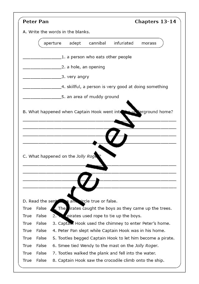 Peter Pan reading comprehension and syllable practice worksheet number six Fifth grade reading comprehension worksheet featuring a Peter Pan passage and questions