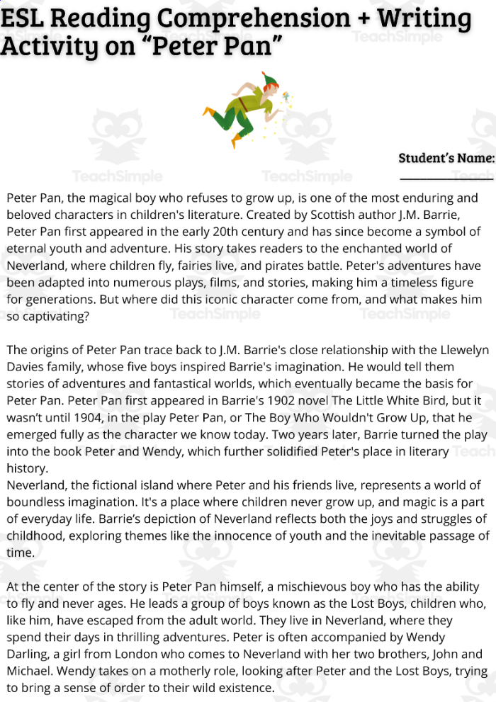Fourth grade reading comprehension worksheet featuring Peter Pan theme
