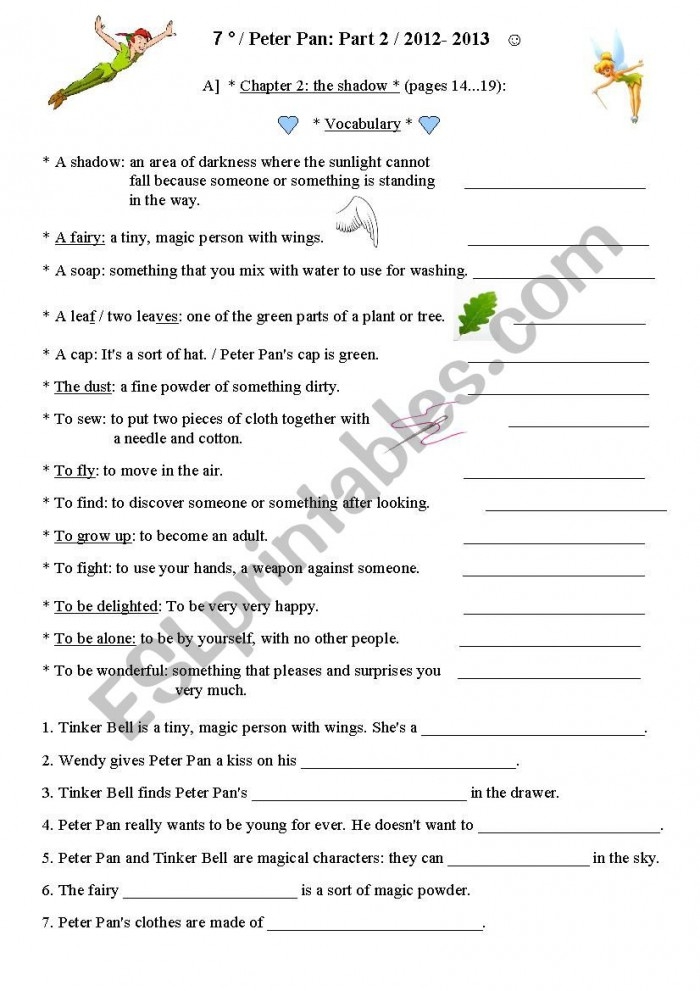 Fourth grade reading comprehension worksheet about Peter Pan with questions and text passages for students