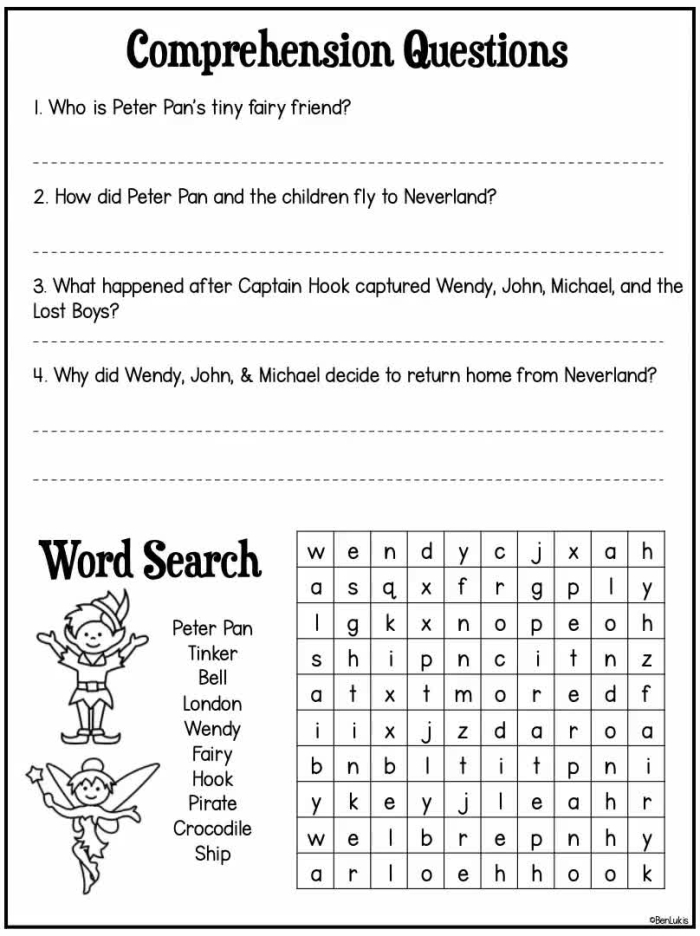 Fourth grade reading comprehension worksheet about Peter Pan with comprehension questions and text passages