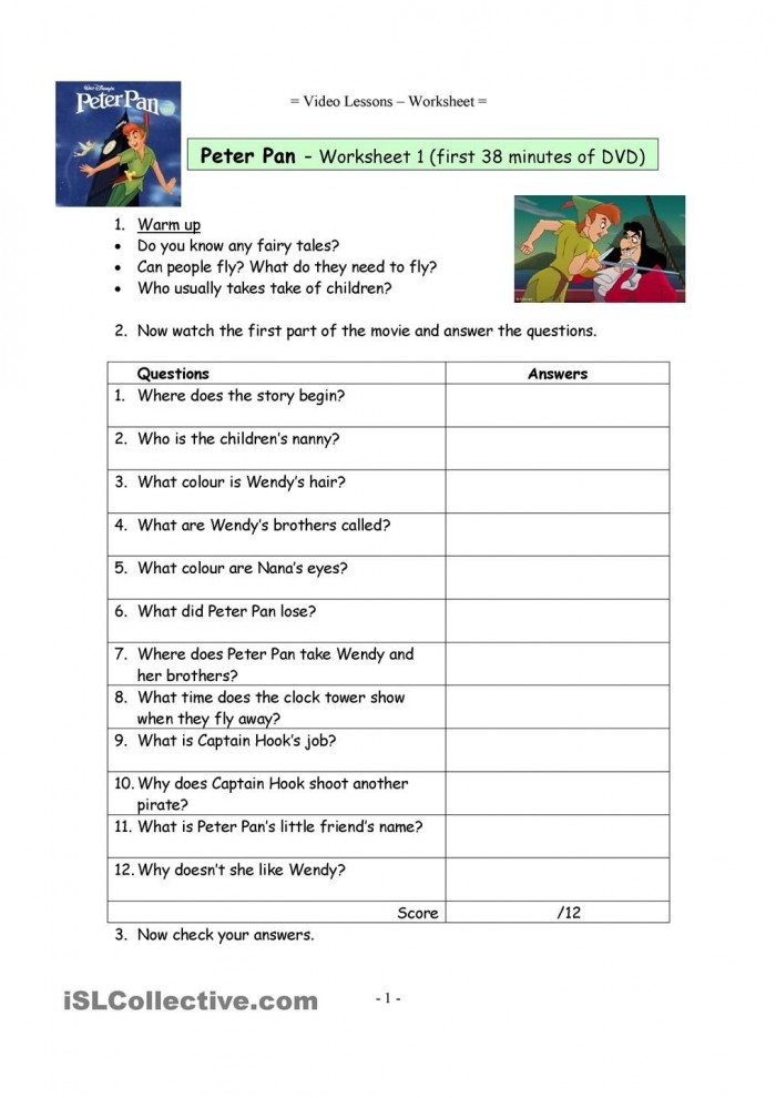 Fourth grade reading comprehension worksheet featuring Peter Pan story questions and exercises for students