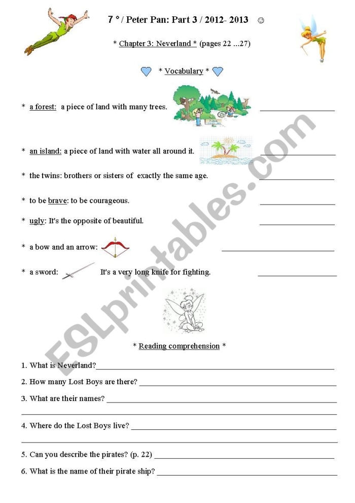 Peter Pan Reading Comprehension Exercise for Fifth Grade Learners Fifth grade students completing a reading comprehension worksheet about Peter Pan with questions about the classic story