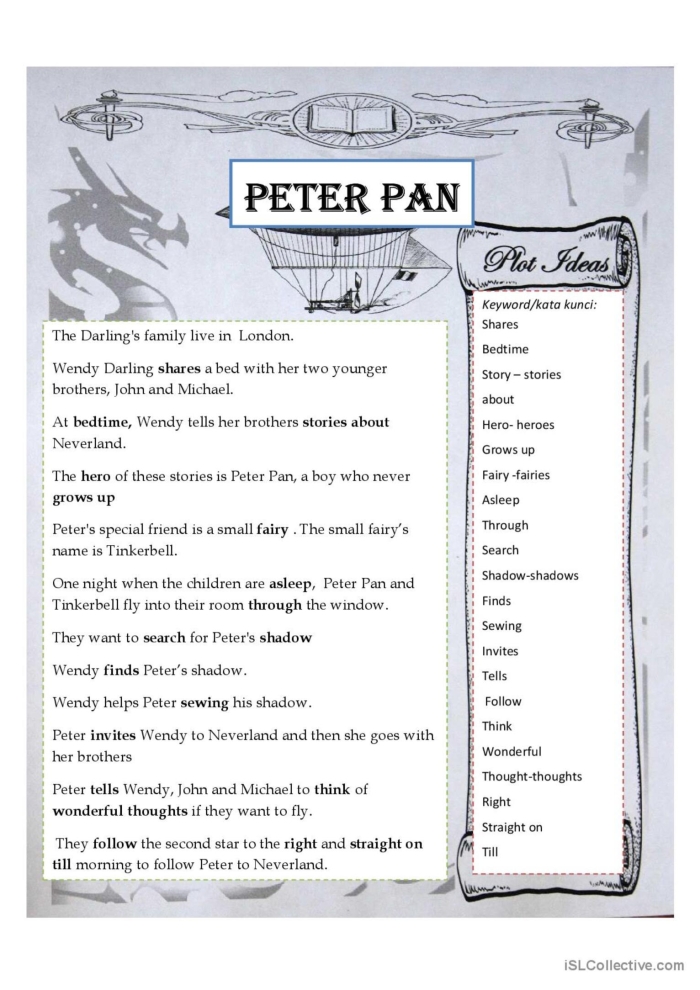 Fourth grade reading comprehension worksheet about Peter Pan with questions and text passages for students