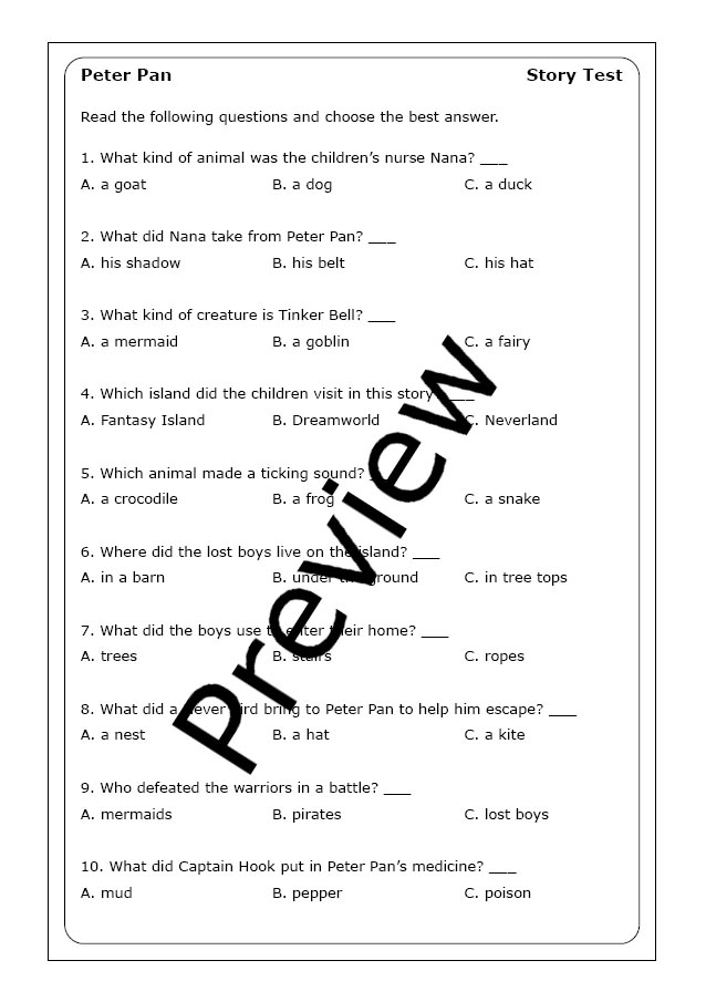 Fourth grade reading comprehension worksheet featuring Peter Pan and Neverland themes