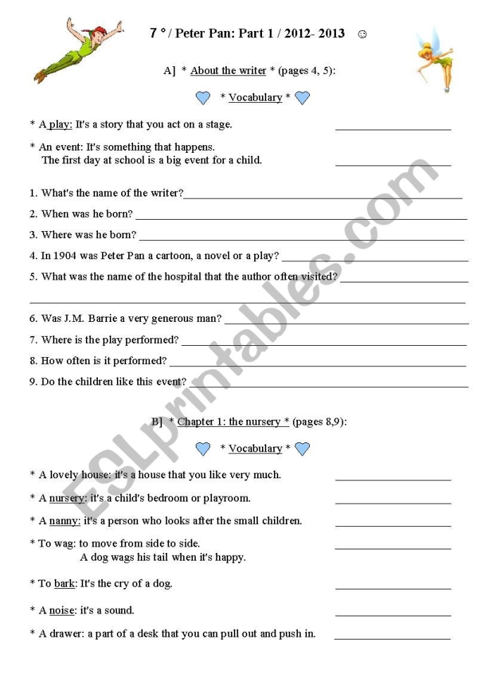 Peter Pan reading comprehension and syllable practice worksheet number seven Fifth grade reading comprehension worksheet featuring a Peter Pan passage and syllable analysis tasks