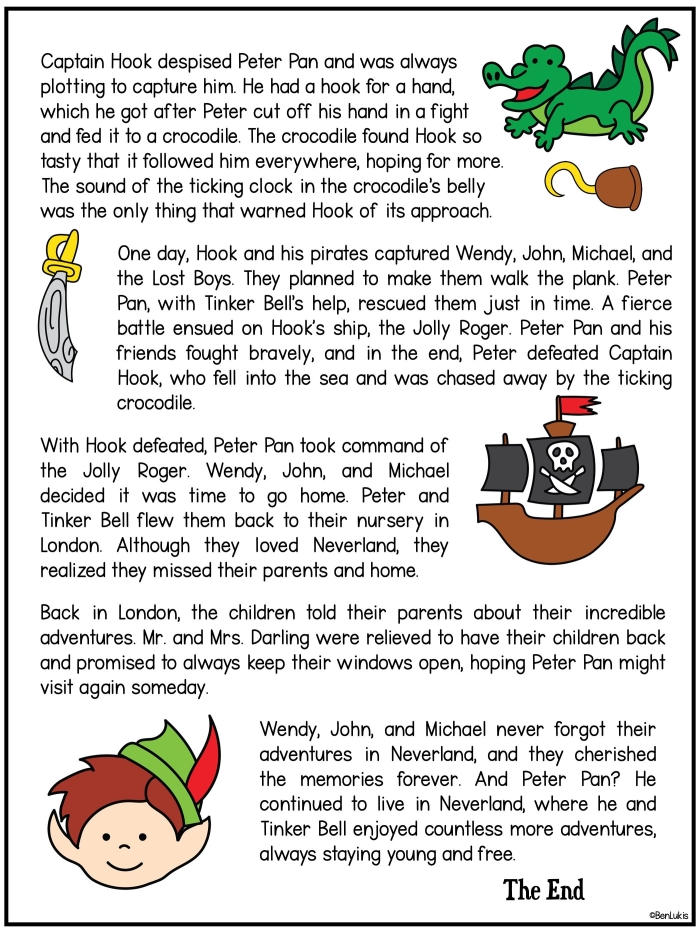 Peter Pan reading comprehension and syllable practice worksheet for grade five image ten Fifth grade reading comprehension worksheet featuring a Peter Pan passage and syllable analysis exercises