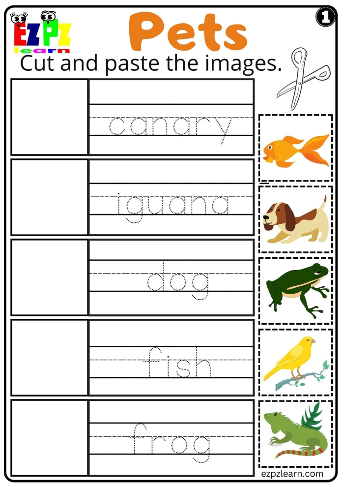 Pete's Pets worksheet featuring a colorful illustration of Pete and his various pets
