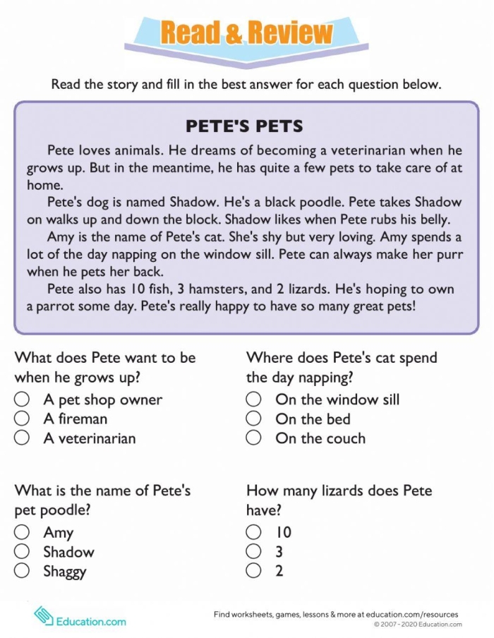 Second grade reading worksheet featuring a story about Pete and his various pets