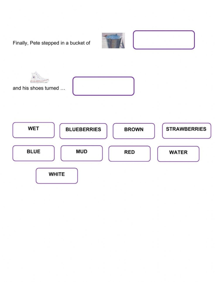 Pete's Pets worksheet featuring colorful illustrations of Pete and his various animals