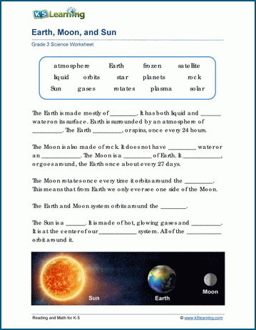 Phases of the Moon worksheet for sixth graders exploring the Earth-Sun-Moon system