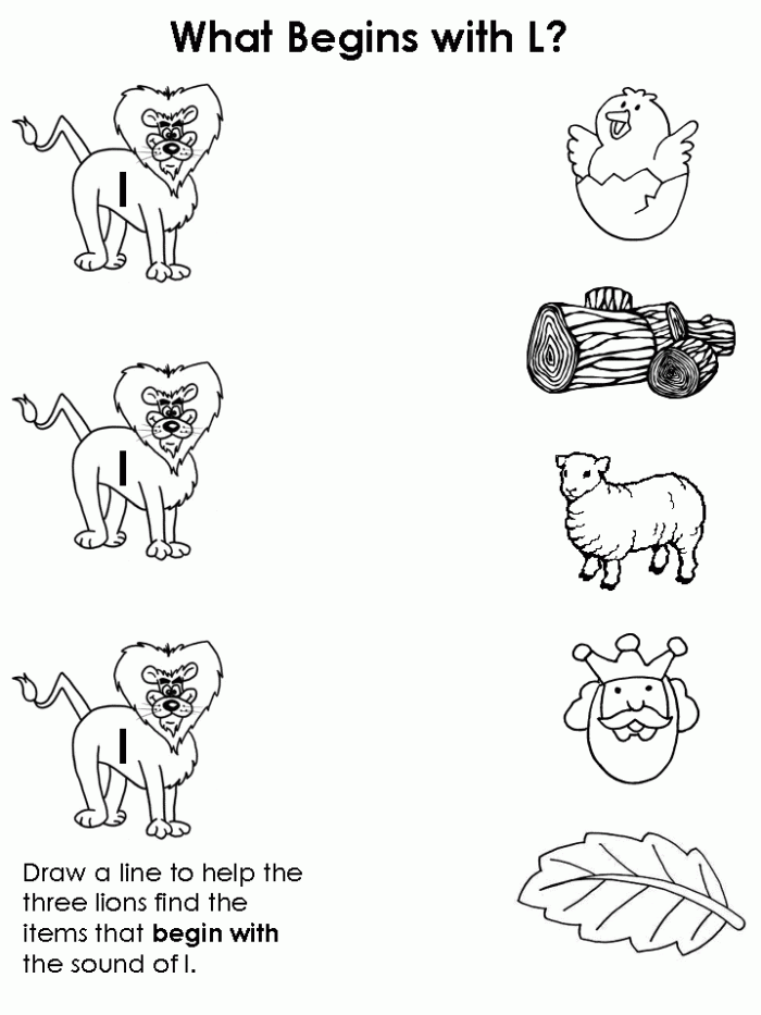 Worksheet featuring various items that begin with the letter L for phonics practice