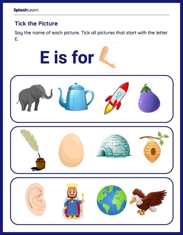 Worksheet featuring items that begin with the letter E for phonics practice