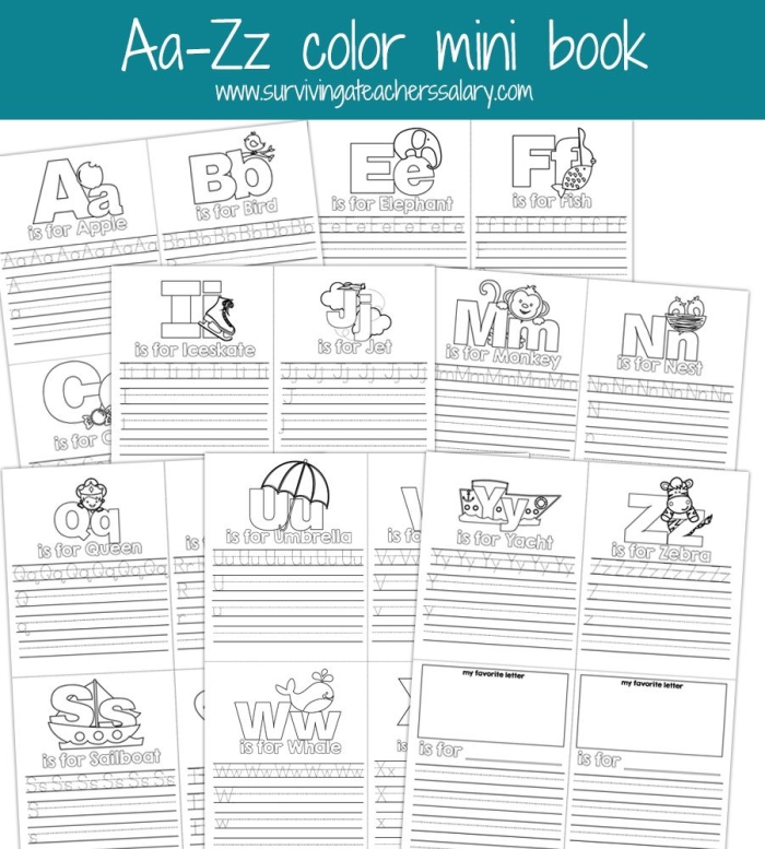Kindergarten student using a printable alphabet mini book worksheet for phonics practice