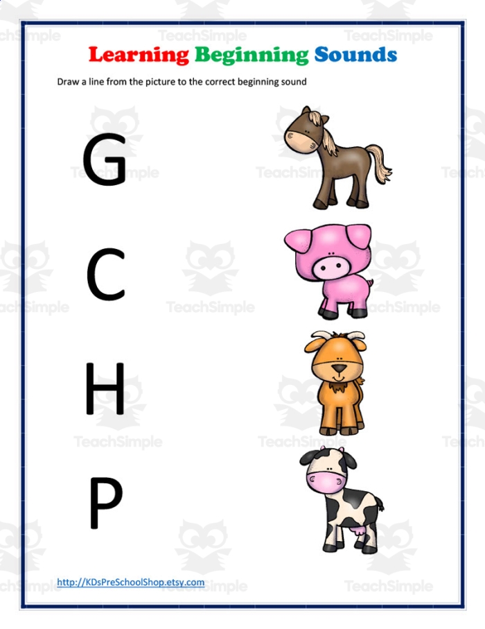 Pre-K student working on a beginning sounds letter match-up worksheet featuring colorful alphabet illustrations