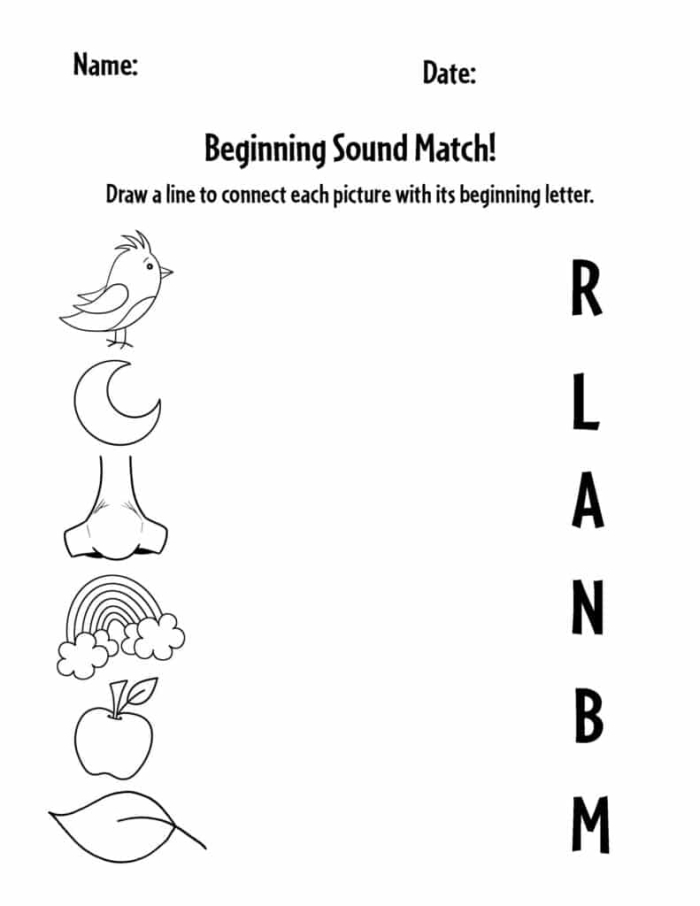 Kindergarten phonics worksheet featuring exercises for matching pictures with identical beginning sounds