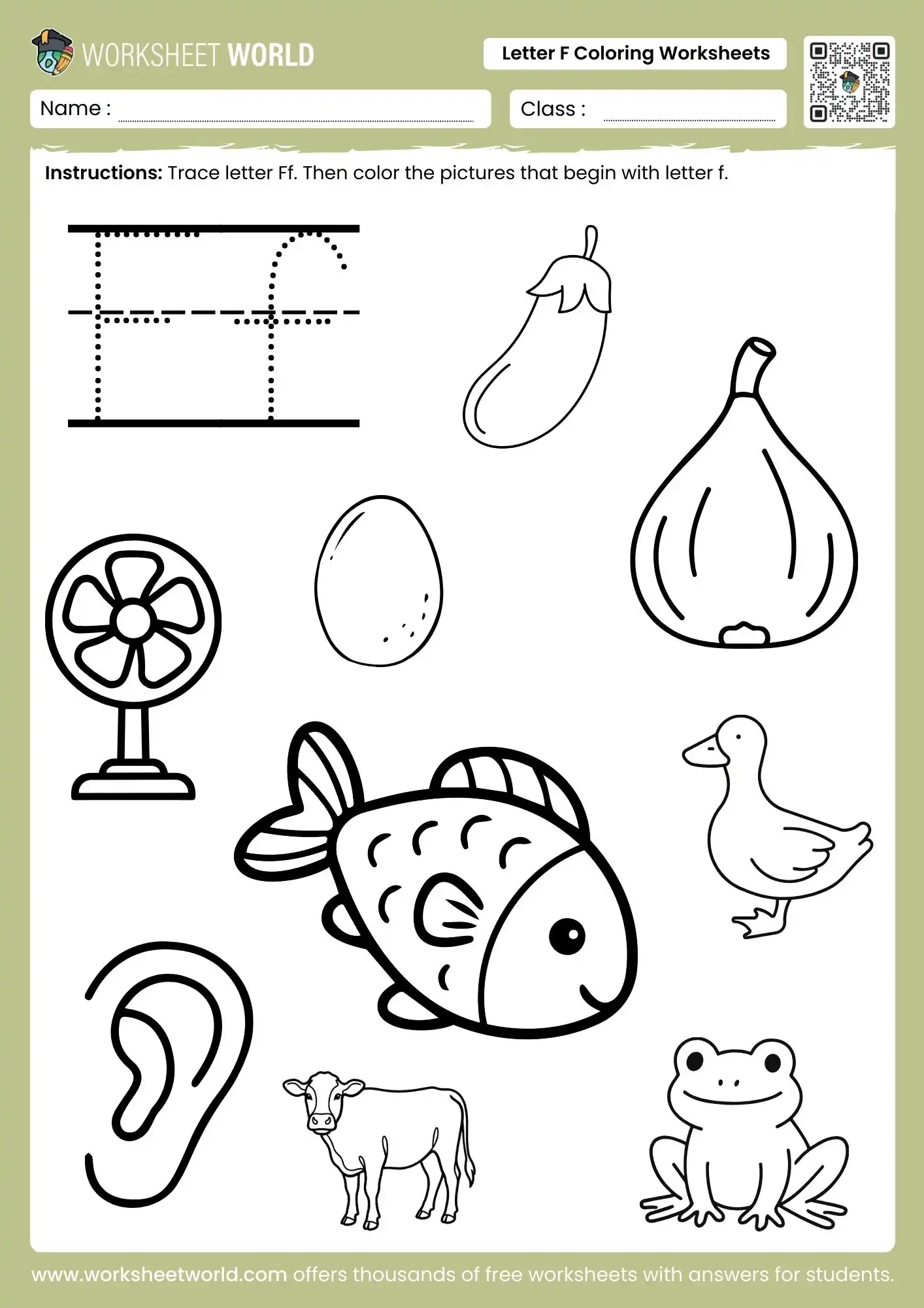 Worksheet featuring objects that start with the letter F for phonics practice