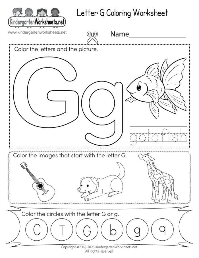 Worksheet featuring items that begin with the letter G for phonics practice