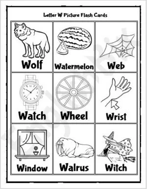 Worksheet featuring objects that start with the letter W for early phonics practice