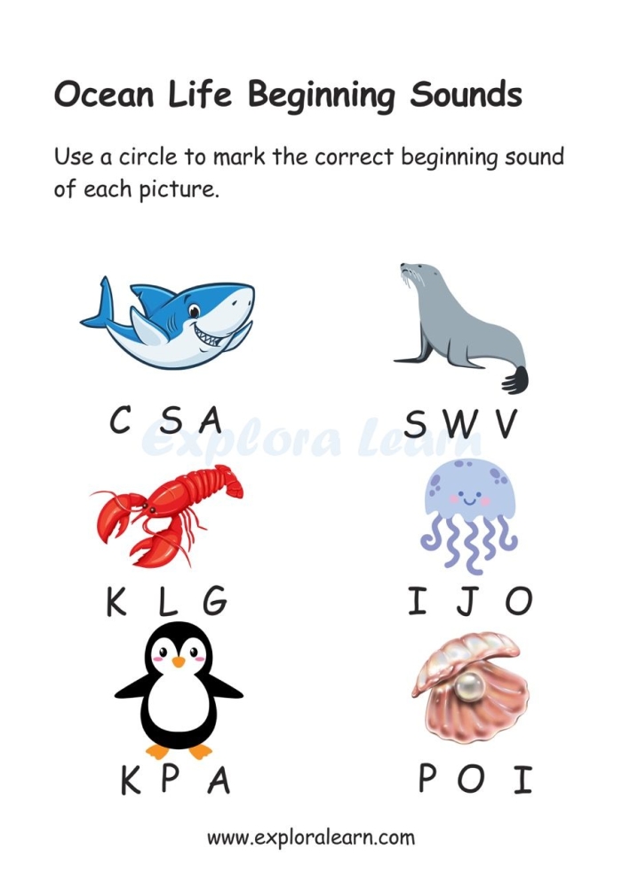Kindergarten worksheet for students to practice circling the correct beginning letter sounds