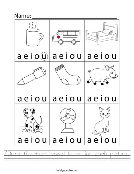 Worksheet for circling short vowel sounds in words for kindergarten students