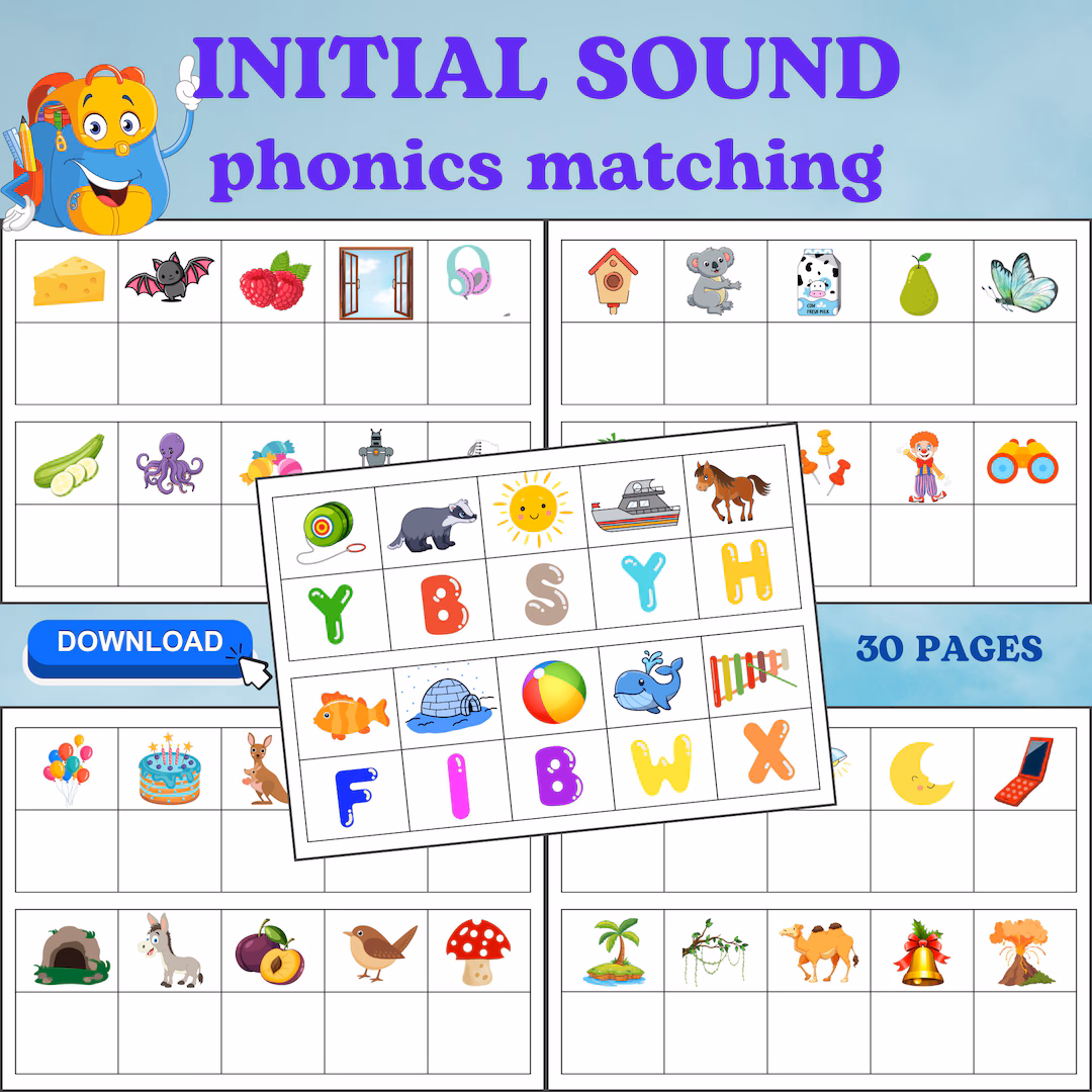 Pre-K student working on a beginning sounds letter match-up worksheet with colorful alphabet pictures