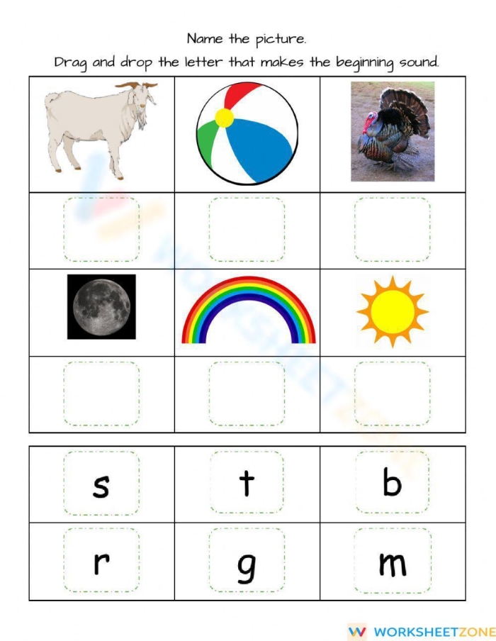 Kindergarten student matching pictures with the same beginning phonics sounds on a worksheet