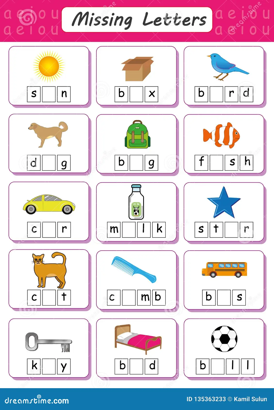 Kindergarten student practicing phonics by filling in the missing starting letter for various Super Pets names