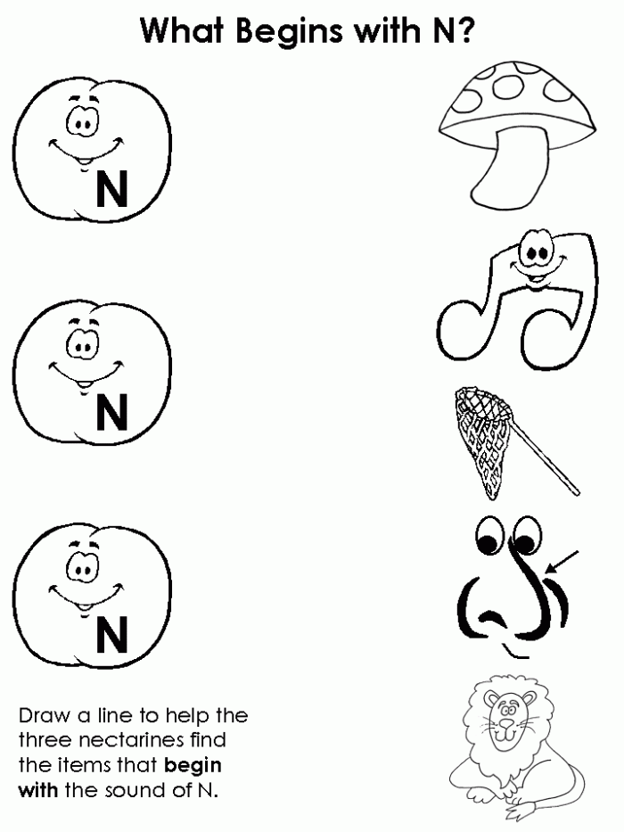 Worksheet featuring various objects that begin with the letter N for phonics practice