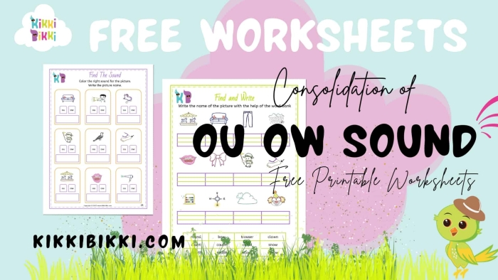 First grade phonics worksheet focusing on the sounds of OU and OW with engaging activities. Sound of OW and OU worksheet for early readers to practice spelling.