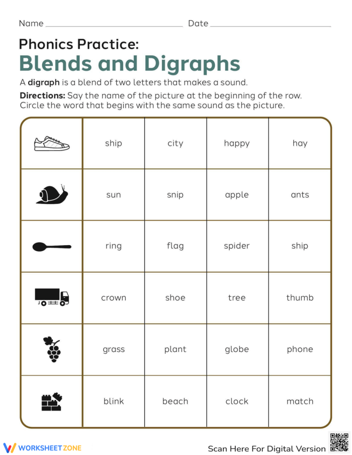 Engaging phonics worksheet to enhance word pattern recognition in children Phonics Practice worksheet featuring blends and digraphs for first graders