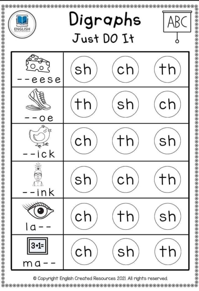 Blends and Digraphs phonics reinforcement activity for young learners Phonics Practice worksheet focusing on blends and digraphs for first graders
