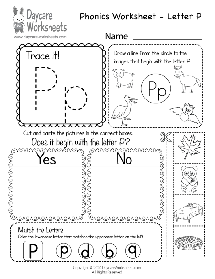 Worksheet featuring items that begin with the letter P for preschoolers to identify. Fun phonics practice for early reading skills on this engaging worksheet.