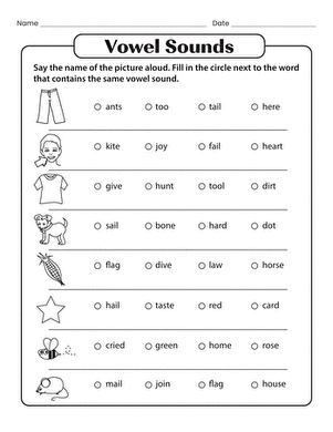Evaluate your vowel sound identification skills with this engaging worksheet Phonics Practice Test worksheet focusing on vowel sounds for first graders