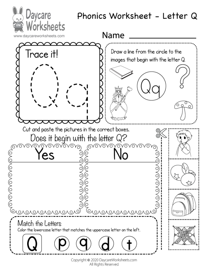 Worksheet featuring items that begin with the letter Q for phonics practice