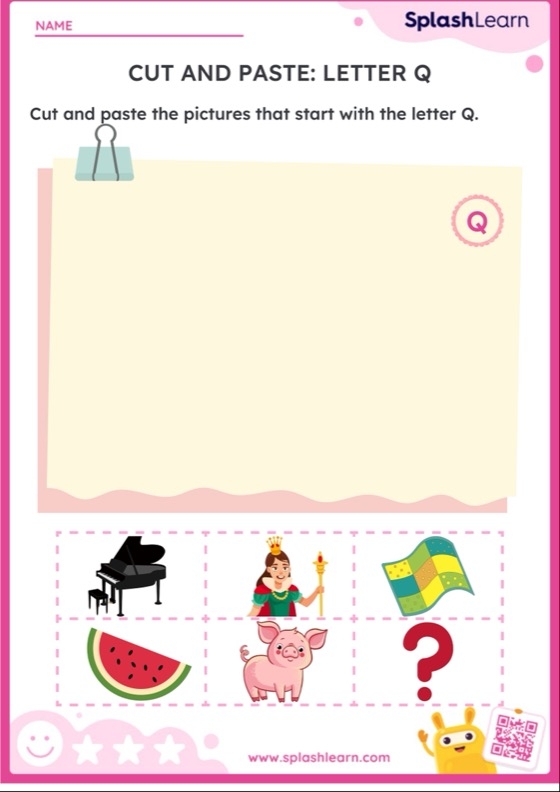 Printable worksheet featuring objects that begin with the letter Q for phonics practice