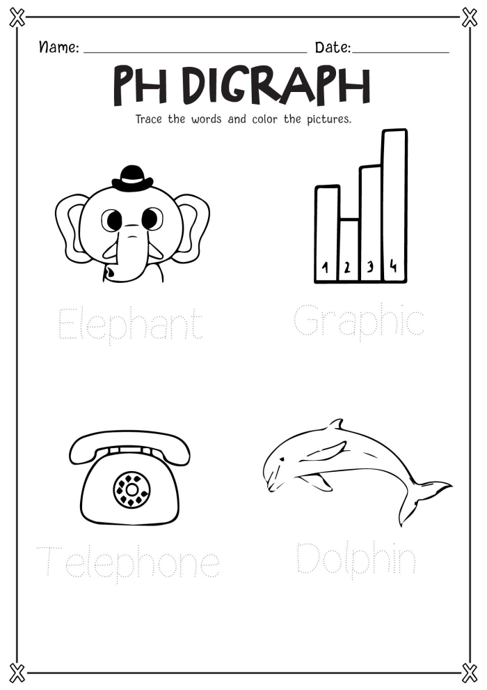 Phonics review worksheet featuring digraph "ph" exercises for grade 2 Worksheet for practicing "ph" digraph words for second graders