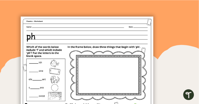 Phonics review worksheet featuring tricky "ph" words for reading practice Worksheet for practicing "ph" digraph words for second graders