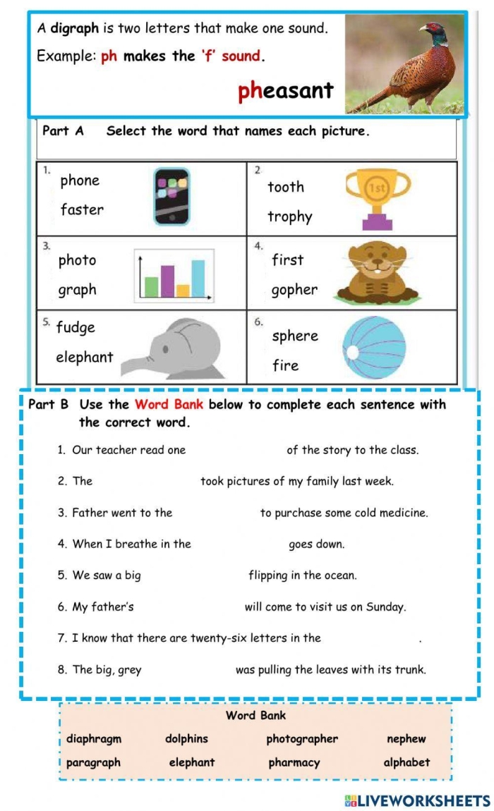 Engaging phonics practice sheet for mastering "ph" words in second grade Worksheet featuring phonics review of "ph" digraph words for second graders