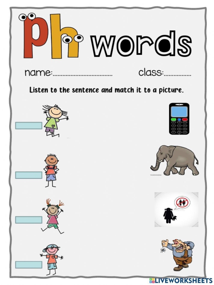 Phonics Review: Engaging digraph "ph" worksheet for grade 2 students Worksheet for practicing phonics with "ph" words for second graders