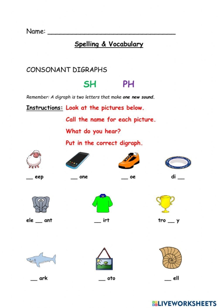 Engaging phonics review worksheet for second graders focusing on "ph" sounds Worksheet for practicing "ph" digraph words in phonics review