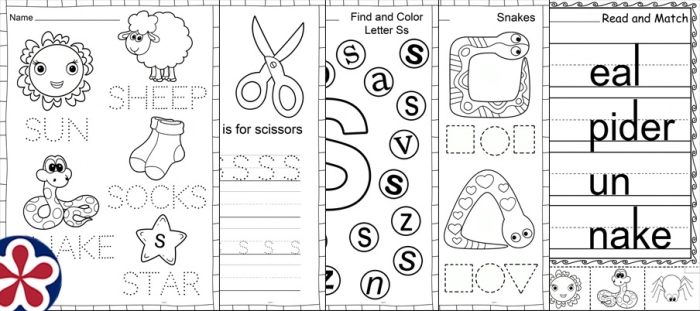 Worksheet featuring various objects that start with the letter S for phonics practice. Fun pre-reading activity for Pre-K children to identify S-related items.