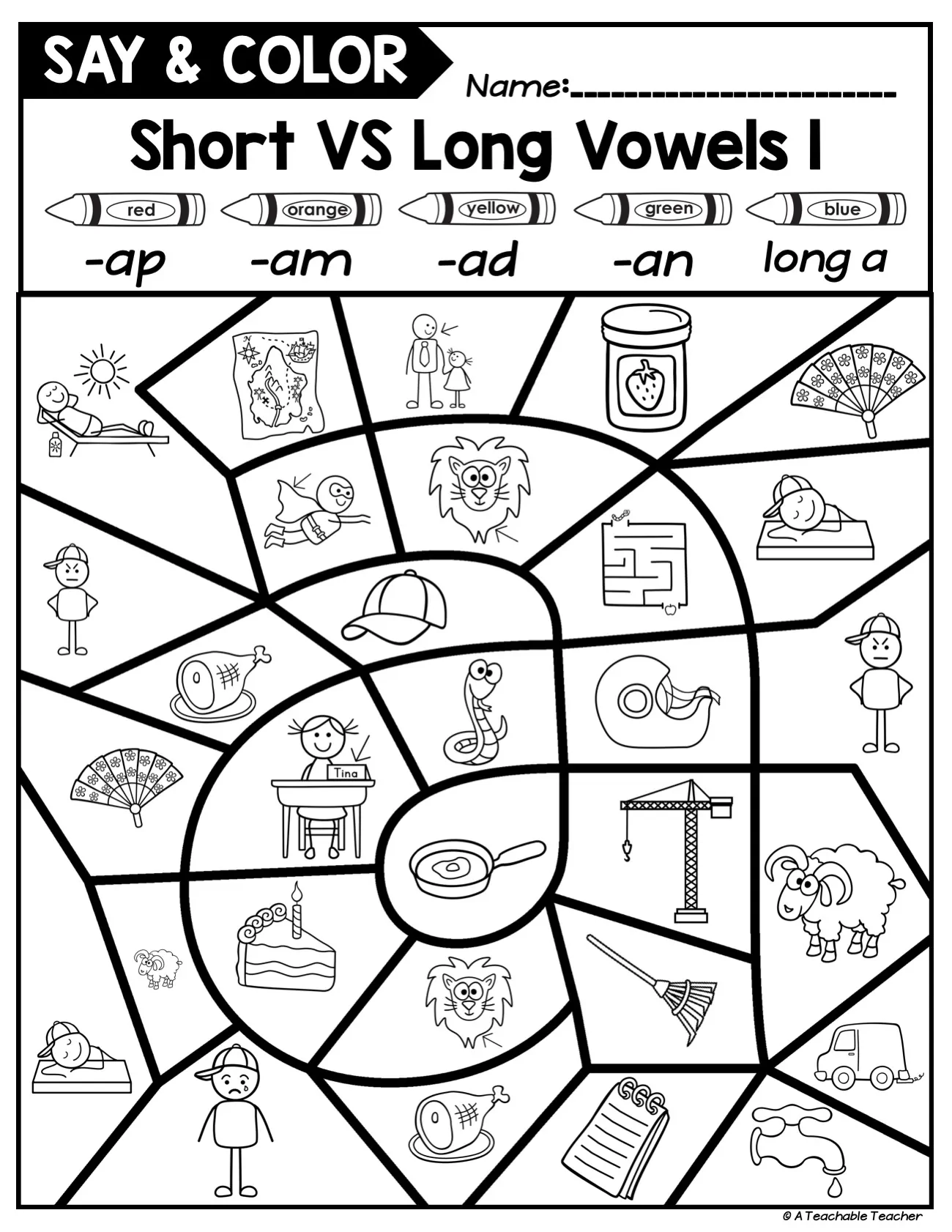 First grade student coloring worksheet with pictures labeled by short vowel sounds for phonics practice