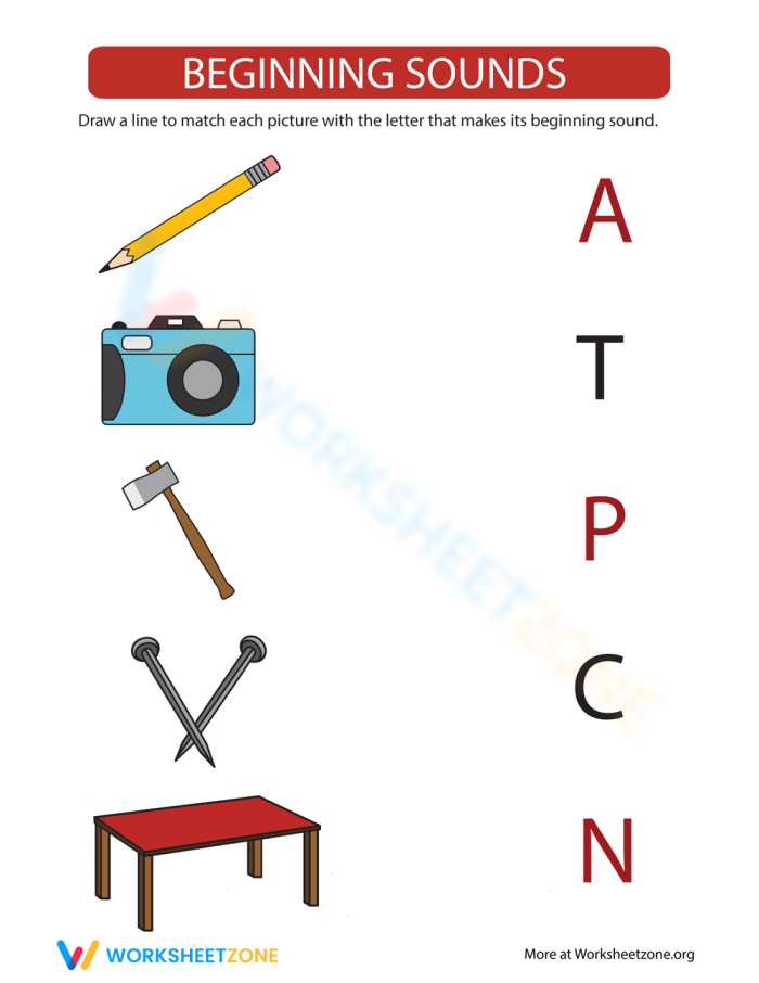 Pre-K student working on a beginning sounds letter match-up alphabet worksheet