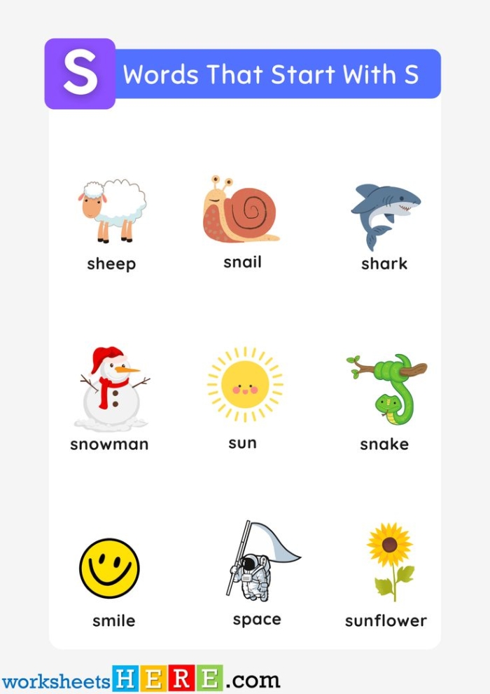 Worksheet featuring various objects that start with the letter S for phonics practice