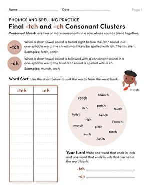Final -ch and -tch consonant clusters worksheet for phonics and spelling practice Phonics and spelling practice worksheet focusing on -ch and -tch consonant clusters for fourth graders