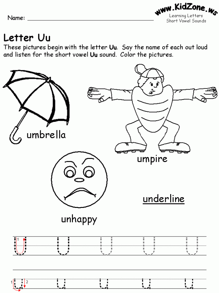 Worksheet featuring various items that begin with the letter U for phonics practice