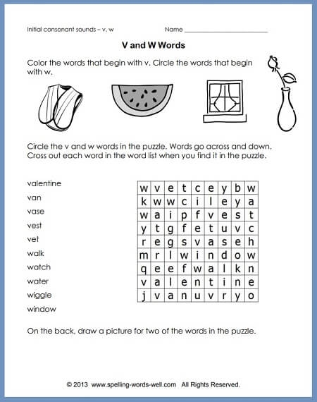 Worksheet for identifying beginning sounds of V and W words for phonics practice