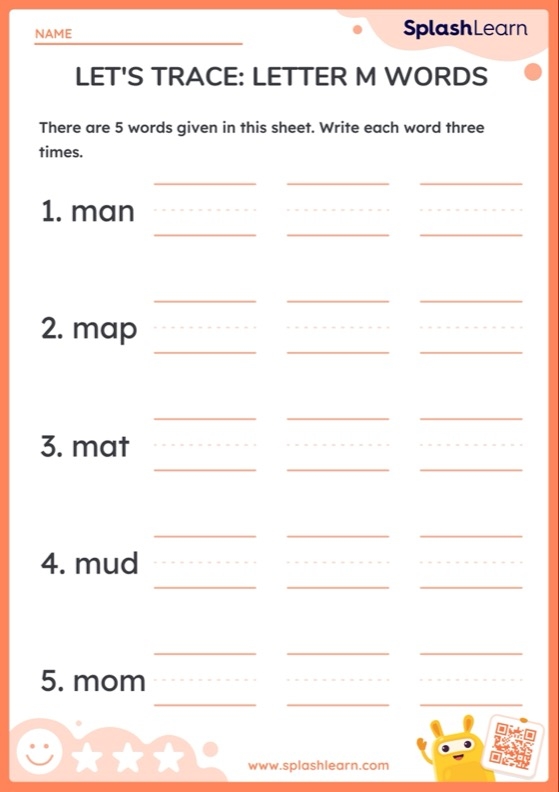 Worksheet featuring pictures that start with the letter M for phonics practice